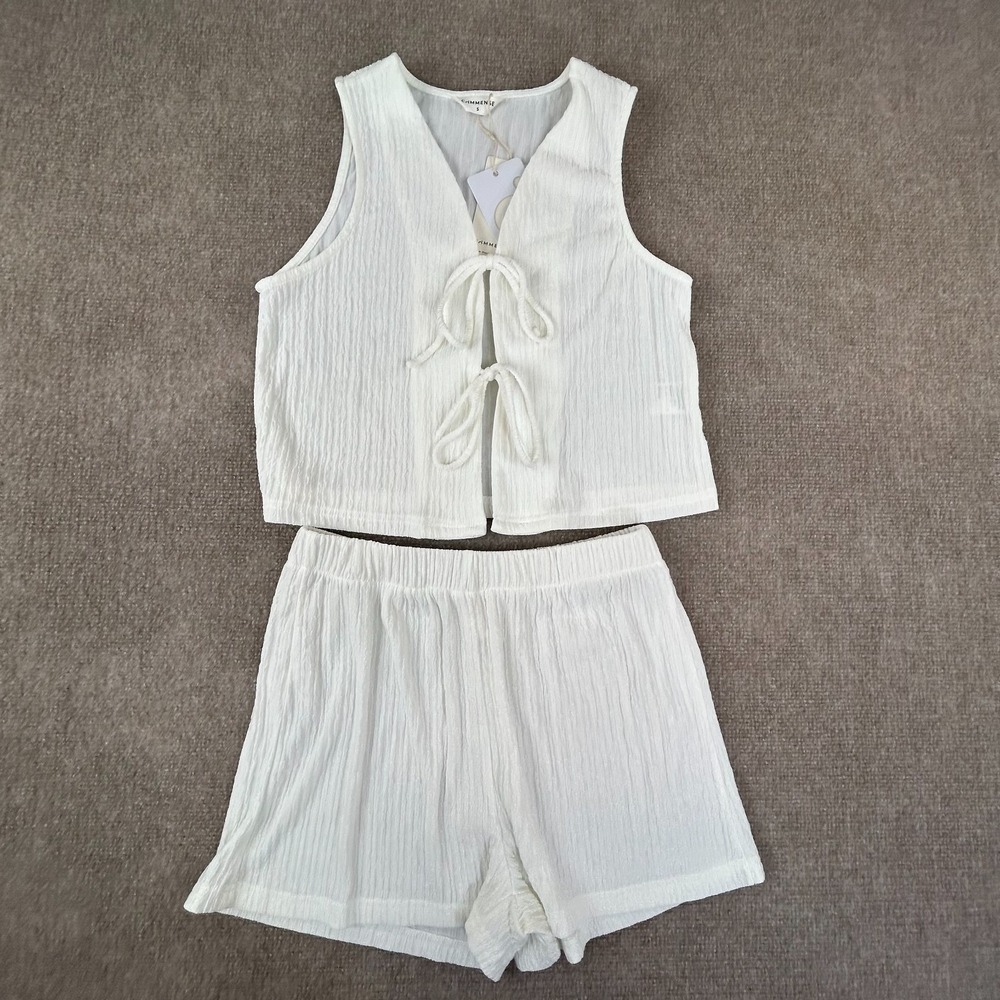 Commense Tie Front Vest With Shorts 2‎ Piece Set Womens Small White Stretch Crop